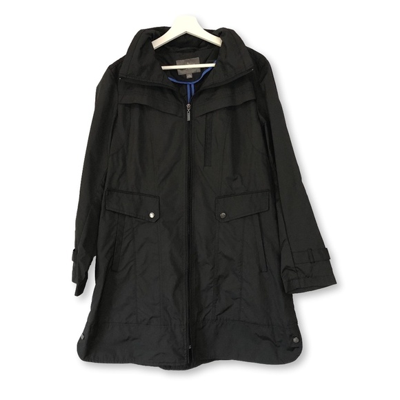 Cole Haan Black Rain Coat Trench Hooded Jacket Large - Picture 1 of 15